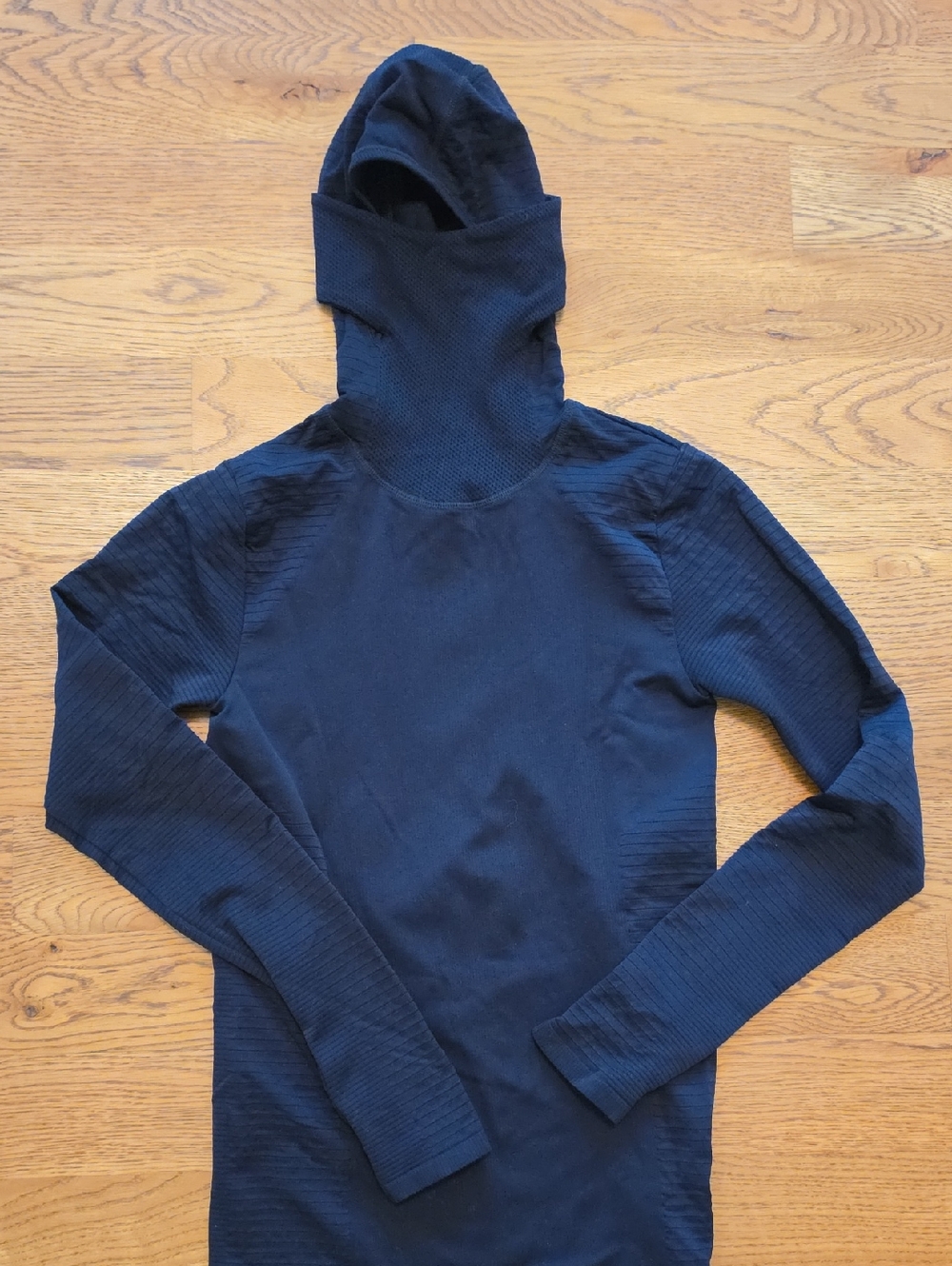 Athleta Black Hooded Balaclava Long Sleeve Rib Top